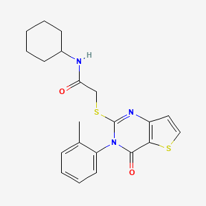 molecular formula C21H23N3O2S2 B2712609 N-cyclohexyl-2-{[3-(2-methylphenyl)-4-oxo-3,4-dihydrothieno[3,2-d]pyrimidin-2-yl]sulfanyl}acetamide CAS No. 1291863-92-7