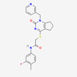 molecular formula C22H21FN4O2S B2712656 N-(3-氟-4-甲基苯基)-2-((2-氧代-1-(吡啶-3-基甲基)-2,5,6,7-四氢-1H-环戊[d]嘧啶-4-基)硫)乙酰胺 CAS No. 933204-28-5