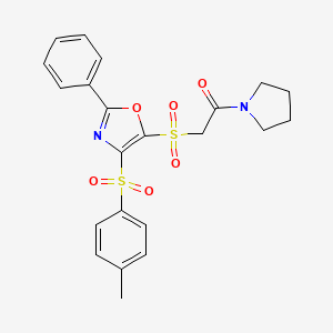 molecular formula C22H22N2O6S2 B2712775 2-((2-Phenyl-4-tosyloxazol-5-yl)sulfonyl)-1-(pyrrolidin-1-yl)ethanone CAS No. 920860-68-0