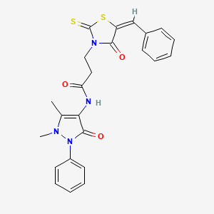 molecular formula C24H22N4O3S2 B2712820 (E)-3-(5-benzylidene-4-oxo-2-thioxothiazolidin-3-yl)-N-(1,5-dimethyl-3-oxo-2-phenyl-2,3-dihydro-1H-pyrazol-4-yl)propanamide CAS No. 303790-51-4