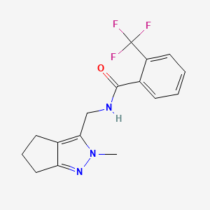 molecular formula C16H16F3N3O B2712846 N-((2-methyl-2,4,5,6-tetrahydrocyclopenta[c]pyrazol-3-yl)methyl)-2-(trifluoromethyl)benzamide CAS No. 2034289-34-2