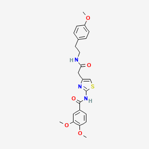 molecular formula C23H25N3O5S B2712931 3,4-dimethoxy-N-(4-(2-((4-methoxyphenethyl)amino)-2-oxoethyl)thiazol-2-yl)benzamide CAS No. 941947-45-1