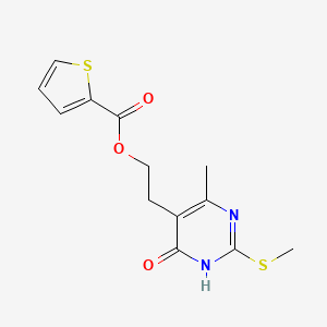 molecular formula C13H14N2O3S2 B2712937 2-[4-Methyl-2-(methylsulfanyl)-6-oxo-1,6-dihydro-5-pyrimidinyl]ethyl 2-thiophenecarboxylate CAS No. 338401-96-0