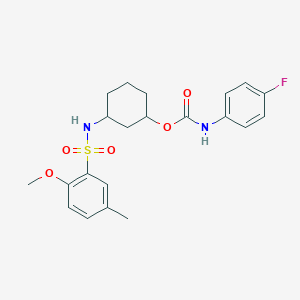 molecular formula C21H25FN2O5S B2712981 3-(2-Methoxy-5-methylphenylsulfonamido)cyclohexyl (4-fluorophenyl)carbamate CAS No. 1396876-57-5
