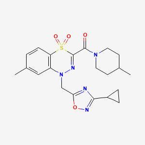 molecular formula C21H25N5O4S B2713023 1-[(3-cyclopropyl-1,2,4-oxadiazol-5-yl)methyl]-7-methyl-3-[(4-methylpiperidino)carbonyl]-4lambda~6~,1,2-benzothiadiazine-4,4(1H)-dione CAS No. 1251678-17-7