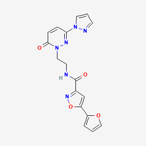 molecular formula C17H14N6O4 B2713026 5-(furan-2-yl)-N-(2-(6-oxo-3-(1H-pyrazol-1-yl)pyridazin-1(6H)-yl)ethyl)isoxazole-3-carboxamide CAS No. 1351601-12-1