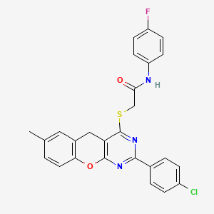molecular formula C26H19ClFN3O2S B2713222 2-((2-(4-chlorophenyl)-7-methyl-5H-chromeno[2,3-d]pyrimidin-4-yl)thio)-N-(4-fluorophenyl)acetamide CAS No. 897616-07-8