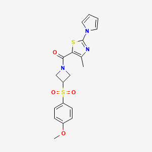 molecular formula C19H19N3O4S2 B2713255 (3-((4-methoxyphenyl)sulfonyl)azetidin-1-yl)(4-methyl-2-(1H-pyrrol-1-yl)thiazol-5-yl)methanone CAS No. 1797885-21-2