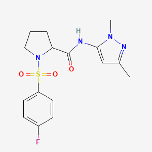 molecular formula C16H19FN4O3S B2713261 N-(1,3-dimethyl-1H-pyrazol-5-yl)-1-((4-fluorophenyl)sulfonyl)pyrrolidine-2-carboxamide CAS No. 1103335-59-6