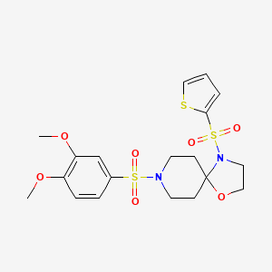 molecular formula C19H24N2O7S3 B2713286 8-((3,4-Dimethoxyphenyl)sulfonyl)-4-(thiophen-2-ylsulfonyl)-1-oxa-4,8-diazaspiro[4.5]decane CAS No. 898408-44-1