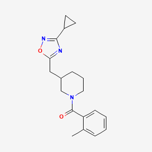molecular formula C19H23N3O2 B2713307 (3-((3-Cyclopropyl-1,2,4-oxadiazol-5-yl)methyl)piperidin-1-yl)(o-tolyl)methanone CAS No. 1705213-91-7