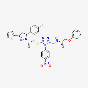 molecular formula C32H26FN7O5S2 B2713350 N-[[5-[2-[3-(4-fluorophenyl)-5-thiophen-2-yl-3,4-dihydropyrazol-2-yl]-2-oxoethyl]sulfanyl-4-(4-nitrophenyl)-1,2,4-triazol-3-yl]methyl]-2-phenoxyacetamide CAS No. 393585-28-9