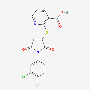 molecular formula C16H10Cl2N2O4S B2713356 2-((1-(3,4-Dichlorophenyl)-2,5-dioxopyrrolidin-3-yl)thio)nicotinic acid CAS No. 838882-20-5