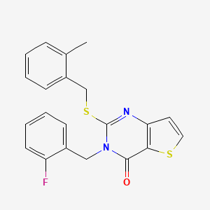 molecular formula C21H17FN2OS2 B2713378 3-(2-fluorobenzyl)-2-[(2-methylbenzyl)sulfanyl]thieno[3,2-d]pyrimidin-4(3H)-one CAS No. 1326907-43-0