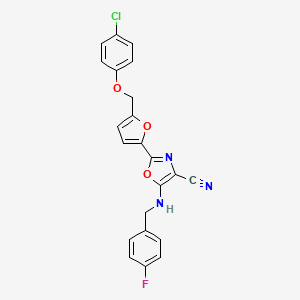 molecular formula C22H15ClFN3O3 B2713389 2-(5-((4-Chlorophenoxy)methyl)furan-2-yl)-5-((4-fluorobenzyl)amino)oxazole-4-carbonitrile CAS No. 931317-70-3
