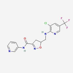 molecular formula C16H13ClF3N5O2 B2713393 5-({[3-chloro-5-(trifluoromethyl)-2-pyridinyl]amino}methyl)-N-(3-pyridinyl)-4,5-dihydro-3-isoxazolecarboxamide CAS No. 338399-56-7