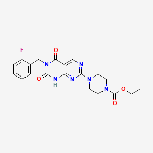 molecular formula C20H21FN6O4 B2713402 乙酸4-(6-(2-氟苄基)-5,7-二氧代-5,6,7,8-四氢嘧啶并[4,5-d]嘧啶-2-基)哌嗪-1-基乙酸乙酯 CAS No. 1396686-89-7