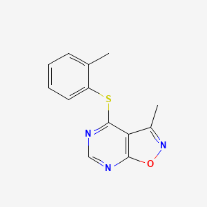 molecular formula C13H11N3OS B2713419 3-Methyl-4-[(2-methylphenyl)sulfanyl]isoxazolo[5,4-d]pyrimidine CAS No. 478050-41-8