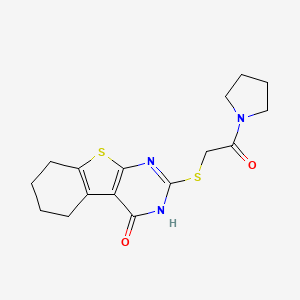 molecular formula C16H19N3O2S2 B2713422 5-{[2-氧代-2-(吡咯啉-1-基)乙基]硫代基}-8-硫代-4,6-二氮杂三环[7.4.0.0^{2,7}]十三碳-1(9),2(7),5-三烯-3-酮 CAS No. 325693-15-0
