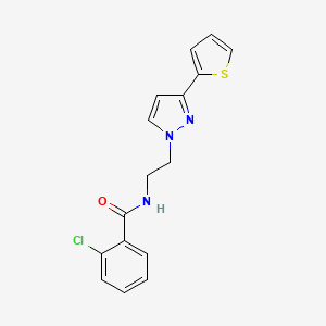molecular formula C16H14ClN3OS B2713547 2-chloro-N-(2-(3-(thiophen-2-yl)-1H-pyrazol-1-yl)ethyl)benzamide CAS No. 1448059-77-5