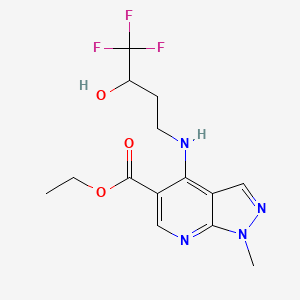 molecular formula C14H17F3N4O3 B2713572 ethyl 1-methyl-4-[(4,4,4-trifluoro-3-hydroxybutyl)amino]-1H-pyrazolo[3,4-b]pyridine-5-carboxylate CAS No. 866131-77-3