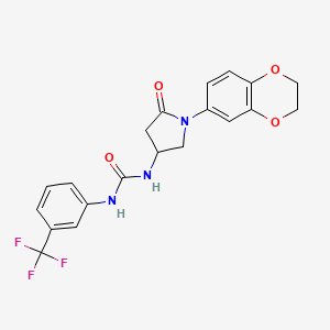 molecular formula C20H18F3N3O4 B2713954 1-(1-(2,3-Dihydrobenzo[b][1,4]dioxin-6-yl)-5-oxopyrrolidin-3-yl)-3-(3-(trifluoromethyl)phenyl)urea CAS No. 877640-98-7