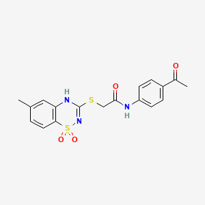 molecular formula C18H17N3O4S2 B2713973 N-(4-acetylphenyl)-2-((6-methyl-1,1-dioxido-4H-benzo[e][1,2,4]thiadiazin-3-yl)thio)acetamide CAS No. 899724-23-3