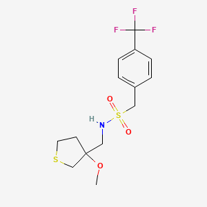molecular formula C14H18F3NO3S2 B2714117 N'-[(3-甲氧基四氢噻吩-3-基)甲基]-1-(4-(三氟甲基)苯基)甲磺酰胺 CAS No. 1448028-30-5
