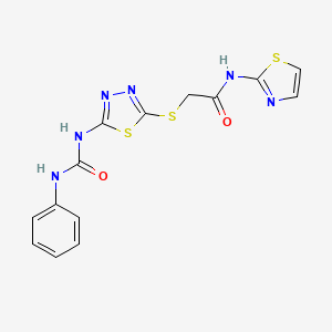 molecular formula C14H12N6O2S3 B2714118 2-((5-(3-苯基脲基)-1,3,4-噻二唑-2-基)硫)-N-(噻唑-2-基)乙酰胺 CAS No. 898437-08-6