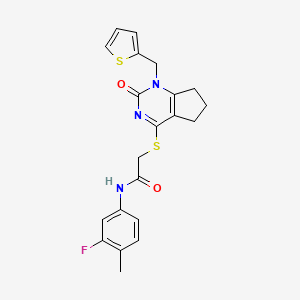 molecular formula C21H20FN3O2S2 B2714141 N-(3-fluoro-4-methylphenyl)-2-((2-oxo-1-(thiophen-2-ylmethyl)-2,5,6,7-tetrahydro-1H-cyclopenta[d]pyrimidin-4-yl)thio)acetamide CAS No. 899746-97-5