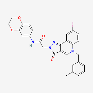 molecular formula C28H23FN4O4 B2714146 N-(2,3-dihydrobenzo[b][1,4]dioxin-6-yl)-2-(8-fluoro-5-(3-methylbenzyl)-3-oxo-3,5-dihydro-2H-pyrazolo[4,3-c]quinolin-2-yl)acetamide CAS No. 931696-89-8