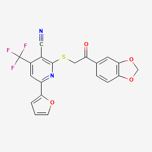 molecular formula C20H11F3N2O4S B2714164 2-((2-(Benzo[d][1,3]dioxol-5-yl)-2-oxoethyl)thio)-6-(furan-2-yl)-4-(trifluoromethyl)nicotinonitrile CAS No. 625377-52-8