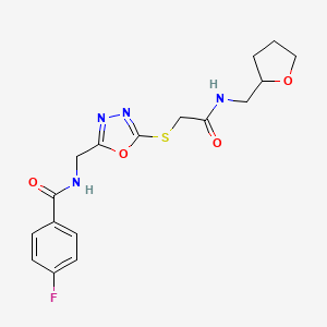 molecular formula C17H19FN4O4S B2714170 4-fluoranyl-N-[[5-[2-oxidanylidene-2-(oxolan-2-ylmethylamino)ethyl]sulfanyl-1,3,4-oxadiazol-2-yl]methyl]benzamide CAS No. 872614-06-7