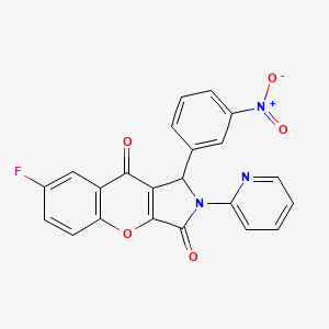 molecular formula C22H12FN3O5 B2714172 7-Fluoro-1-(3-nitrophenyl)-2-(pyridin-2-yl)-1,2-dihydrochromeno[2,3-c]pyrrole-3,9-dione CAS No. 634569-34-9