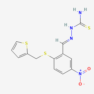molecular formula C13H12N4O2S3 B2714287 [(E)-[(5-nitro-2-{[(thiophen-2-yl)methyl]sulfanyl}phenyl)methylidene]amino]thiourea CAS No. 1025225-26-6