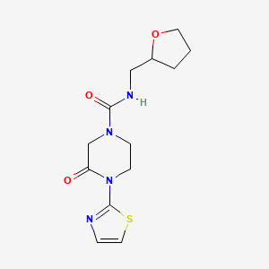 molecular formula C13H18N4O3S B2714328 3-氧代-N-((四氢呋喃-2-基)甲基)-4-(噻唑-2-基)哌嗪-1-甲酰胺 CAS No. 2309311-11-1