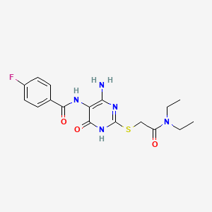 molecular formula C17H20FN5O3S B2714448 N-(4-amino-2-((2-(diethylamino)-2-oxoethyl)thio)-6-oxo-1,6-dihydropyrimidin-5-yl)-4-fluorobenzamide CAS No. 888418-43-7