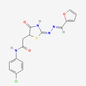 molecular formula C16H13ClN4O3S B2714472 N-(4-氯苯基)-2-{(2E)-2-[(2E)-(呋喃-2-基甲基亚)肼基亚]-4-氧代-1,3-噻唑烷-5-基}乙酰胺 CAS No. 540762-86-5