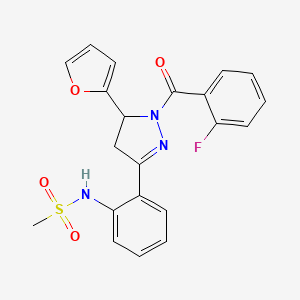 molecular formula C21H18FN3O4S B2714480 N-{2-[1-(2-fluorobenzoyl)-5-(furan-2-yl)-4,5-dihydro-1H-pyrazol-3-yl]phenyl}methanesulfonamide CAS No. 923217-09-8