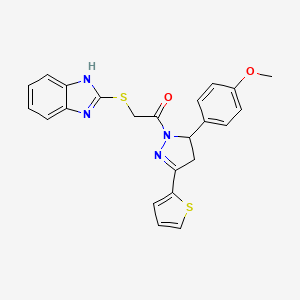 molecular formula C23H20N4O2S2 B2714578 2-((1H-benzo[d]imidazol-2-yl)thio)-1-(5-(4-methoxyphenyl)-3-(thiophen-2-yl)-4,5-dihydro-1H-pyrazol-1-yl)ethanone CAS No. 403843-40-3