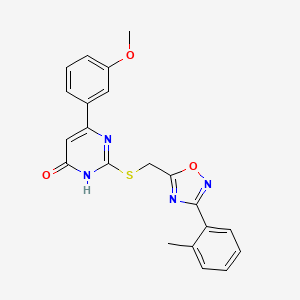molecular formula C21H18N4O3S B2714583 6-(3-Methoxyphenyl)-2-(((3-(o-tolyl)-1,2,4-oxadiazol-5-yl)methyl)thio)pyrimidin-4-ol CAS No. 1021211-35-7