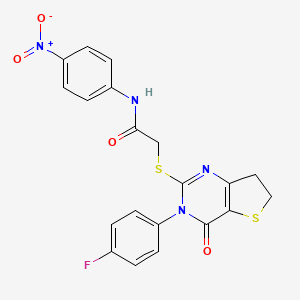 molecular formula C20H15FN4O4S2 B2714619 2-((3-(4-fluorophenyl)-4-oxo-3,4,6,7-tetrahydrothieno[3,2-d]pyrimidin-2-yl)thio)-N-(4-nitrophenyl)acetamide CAS No. 687561-63-3