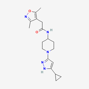 molecular formula C18H25N5O2 B2714640 N-(1-(5-cyclopropyl-1H-pyrazol-3-yl)piperidin-4-yl)-2-(3,5-dimethylisoxazol-4-yl)acetamide CAS No. 2034201-17-5