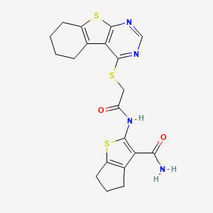 molecular formula C20H20N4O2S3 B2714659 2-[[2-(5,6,7,8-tetrahydro-[1]benzothiolo[2,3-d]pyrimidin-4-ylsulfanyl)acetyl]amino]-5,6-dihydro-4H-cyclopenta[b]thiophene-3-carboxamide CAS No. 315692-91-2