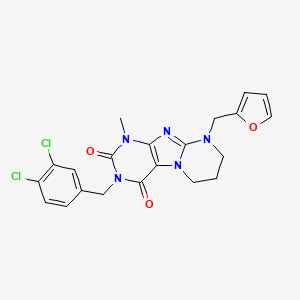 molecular formula C21H19Cl2N5O3 B2714691 3-[(3,4-dichlorophenyl)methyl]-9-(furan-2-ylmethyl)-1-methyl-7,8-dihydro-6H-purino[7,8-a]pyrimidine-2,4-dione CAS No. 850732-14-8