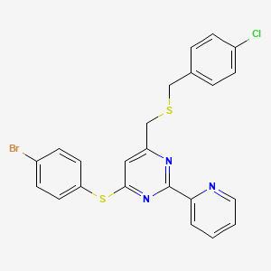 molecular formula C23H17BrClN3S2 B2714695 4-((4-Bromophenyl)sulfanyl)-6-(((4-chlorobenzyl)sulfanyl)methyl)-2-(2-pyridinyl)pyrimidine CAS No. 338960-87-5