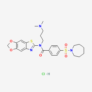 molecular formula C26H33ClN4O5S2 B2714754 N-([1,3]dioxolo[4',5':4,5]benzo[1,2-d]thiazol-6-yl)-4-(azepan-1-ylsulfonyl)-N-(3-(dimethylamino)propyl)benzamide hydrochloride CAS No. 1321875-29-9