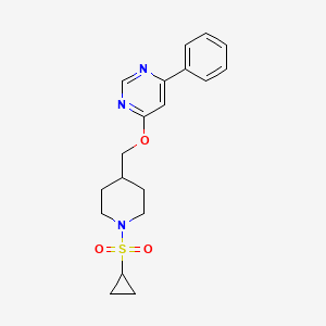 molecular formula C19H23N3O3S B2714774 4-[(1-Cyclopropylsulfonylpiperidin-4-yl)methoxy]-6-phenylpyrimidine CAS No. 2379986-04-4