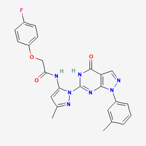 molecular formula C24H20FN7O3 B2714780 2-(4-fluorophenoxy)-N-(3-methyl-1-(4-oxo-1-(m-tolyl)-4,5-dihydro-1H-pyrazolo[3,4-d]pyrimidin-6-yl)-1H-pyrazol-5-yl)acetamide CAS No. 1171077-98-7