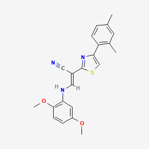 molecular formula C22H21N3O2S B2714792 (E)-3-((2,5-二甲氧基苯基)氨基)-2-(4-(2,4-二甲基苯基)噻唑-2-基)丙烯腈 CAS No. 372504-29-5
